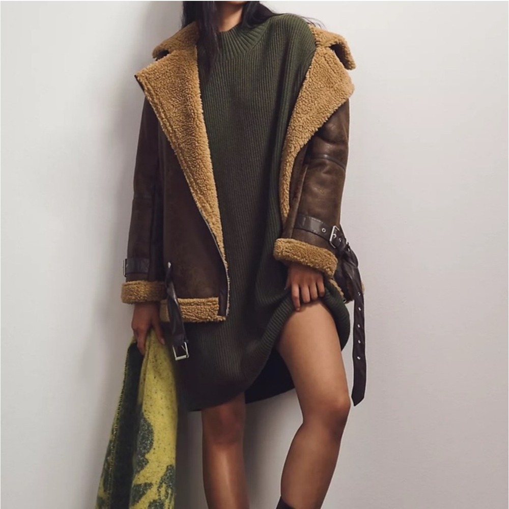 Anthropologie Maeve Long Sleeve Mock Neck Tie Waist Mini Dress Green Women's XL